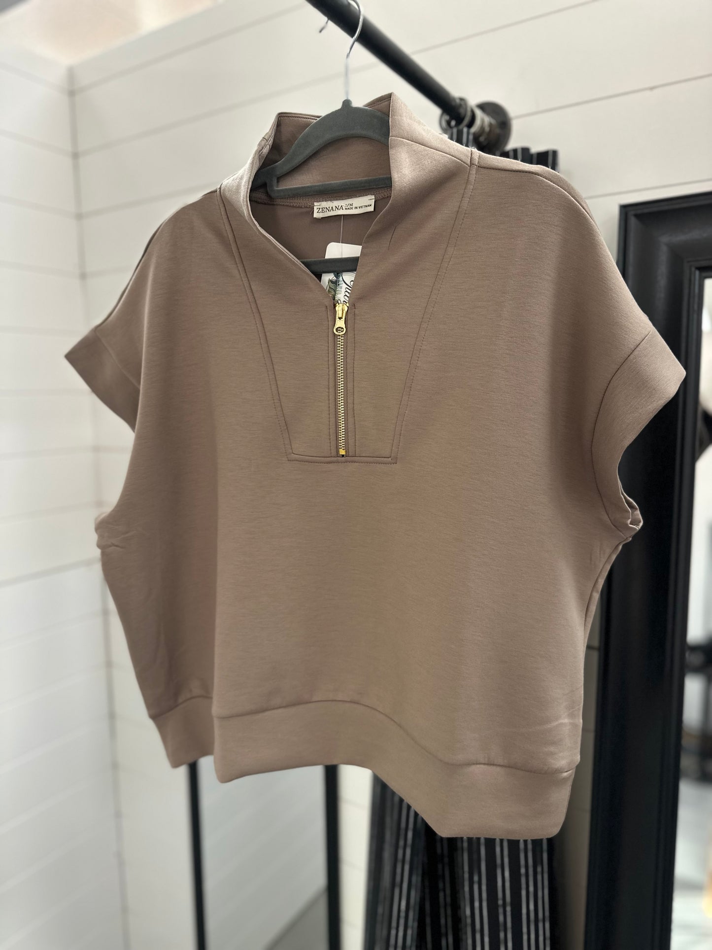 Mocha Scuba Zip Neck Top