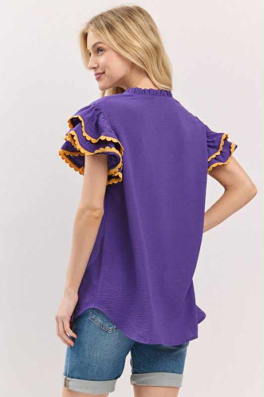 Purple & Gold Game Day Ruffle Sleeve Top