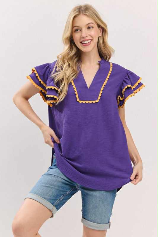 Purple & Gold Game Day Ruffle Sleeve Top
