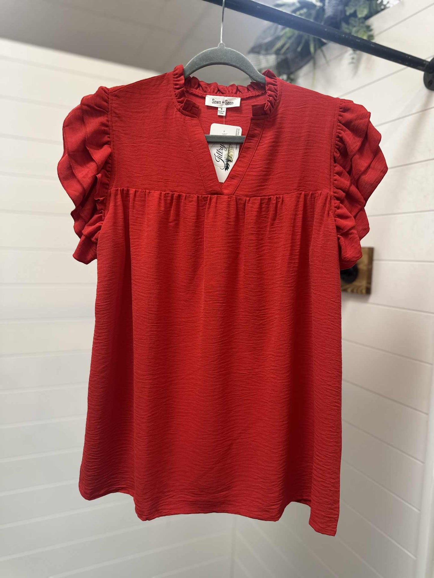 Red Ruffle Sleeve Top