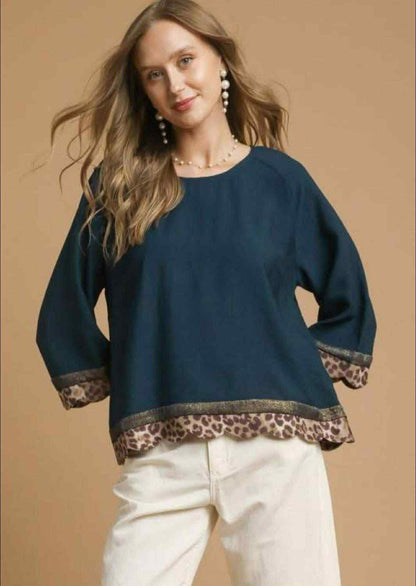 Teal Leopard Trim Top