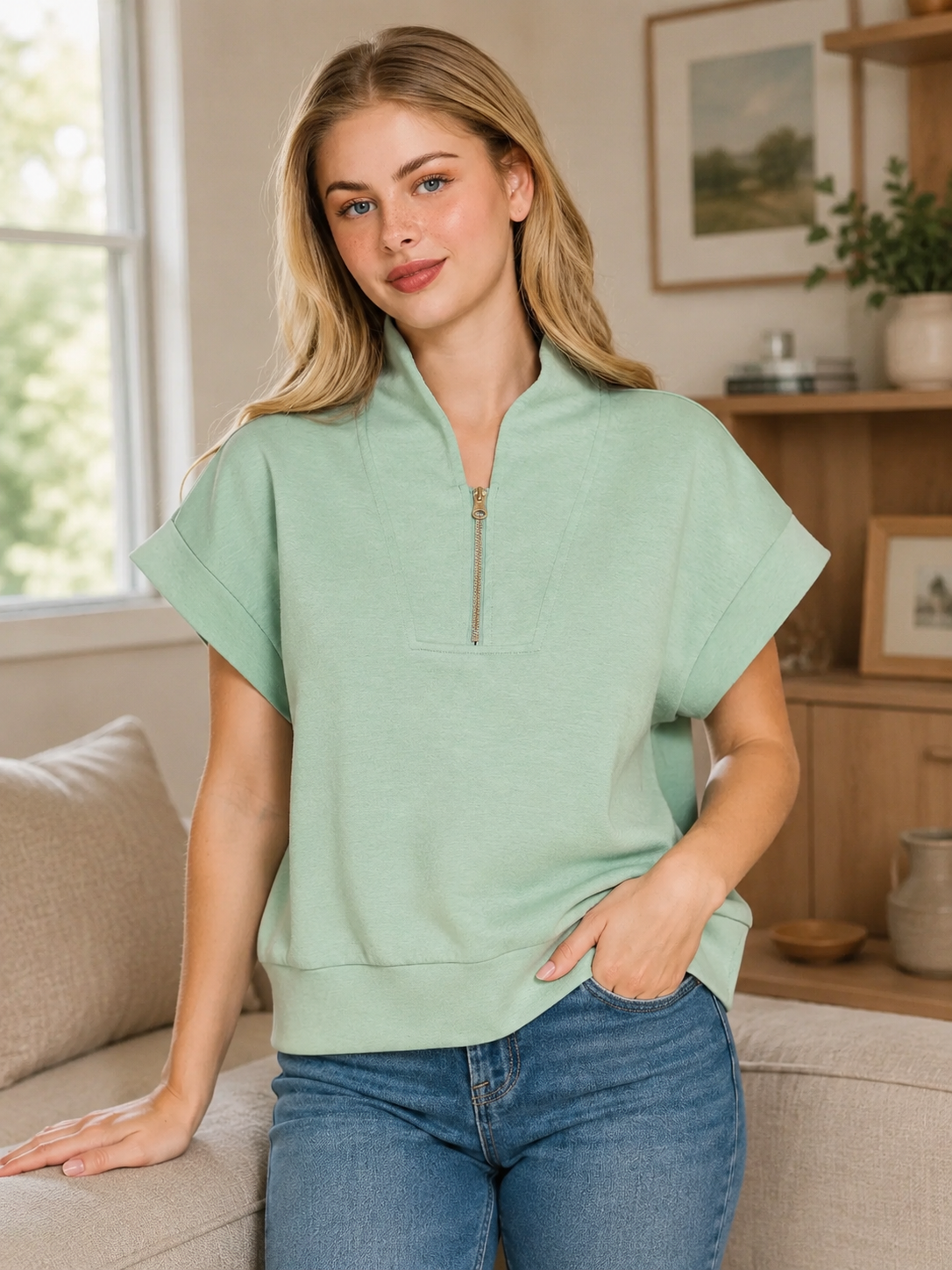 Mock Neck Zip Top