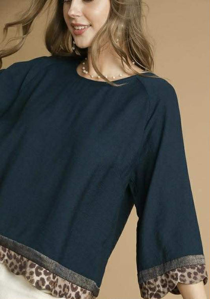 Teal Leopard Trim Top