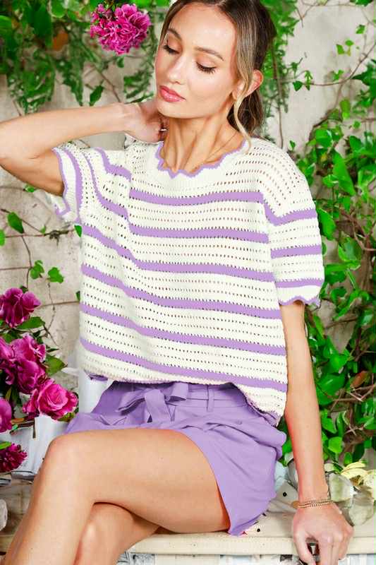 Lavender Striped Woven Knit Top