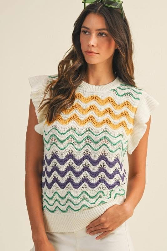 Mardi Gras Ruffle Sleeve Sweater Top