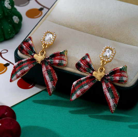 Tartan Plaid Christmas Bow Earrings
