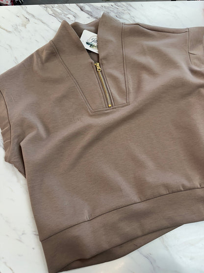 Mocha Scuba Zip Neck Top