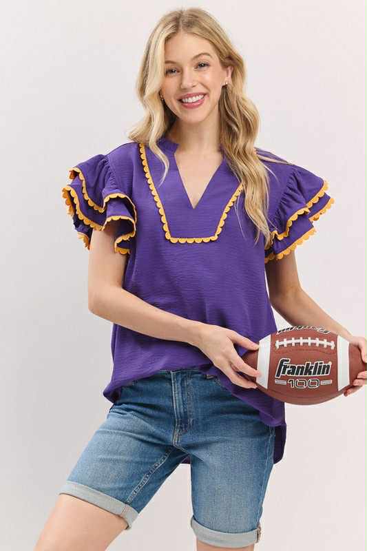 Purple & Gold Game Day Ruffle Sleeve Top