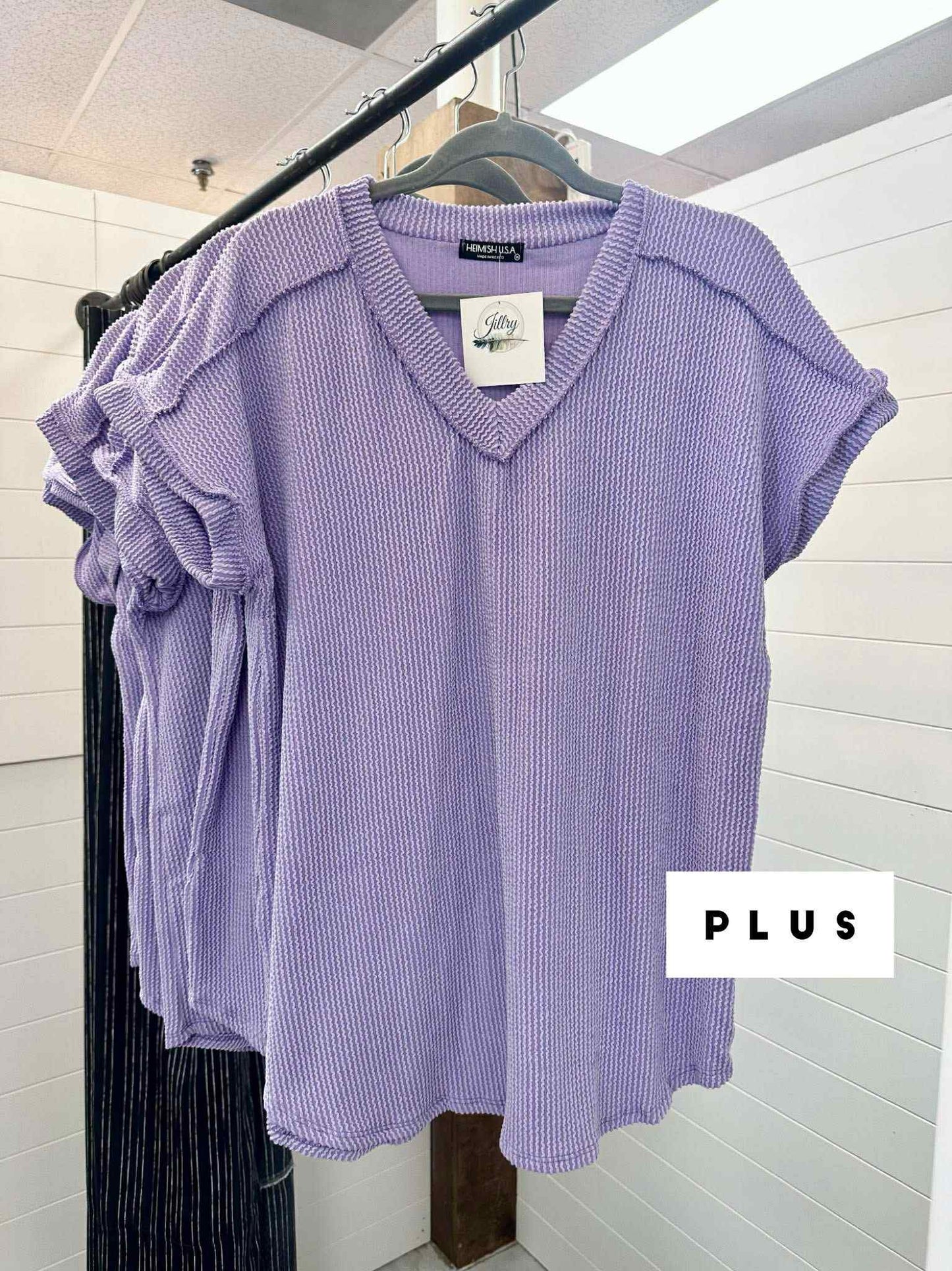 Plus Lavender Ribbed V Neck Top